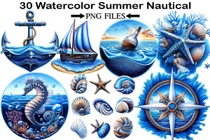 Watercolor Summer Nautical Clipart, an Illustration by Black Bird Studio