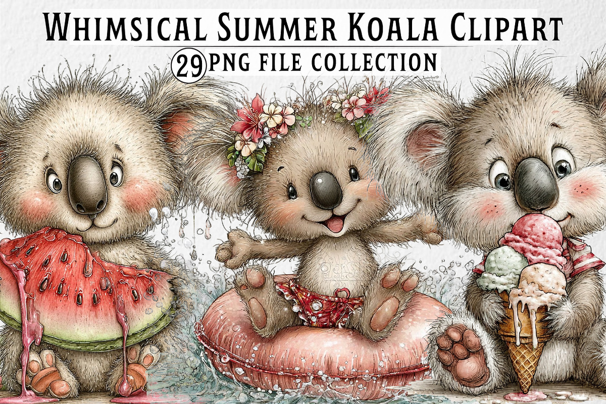 Whimsical Summer Koala Clipart, an Illustration by Dream Creation (Photo 1 of 6)