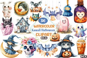 Watercolor Kawaii Halloween Clipart, an Illustration by DreamCafeArt
