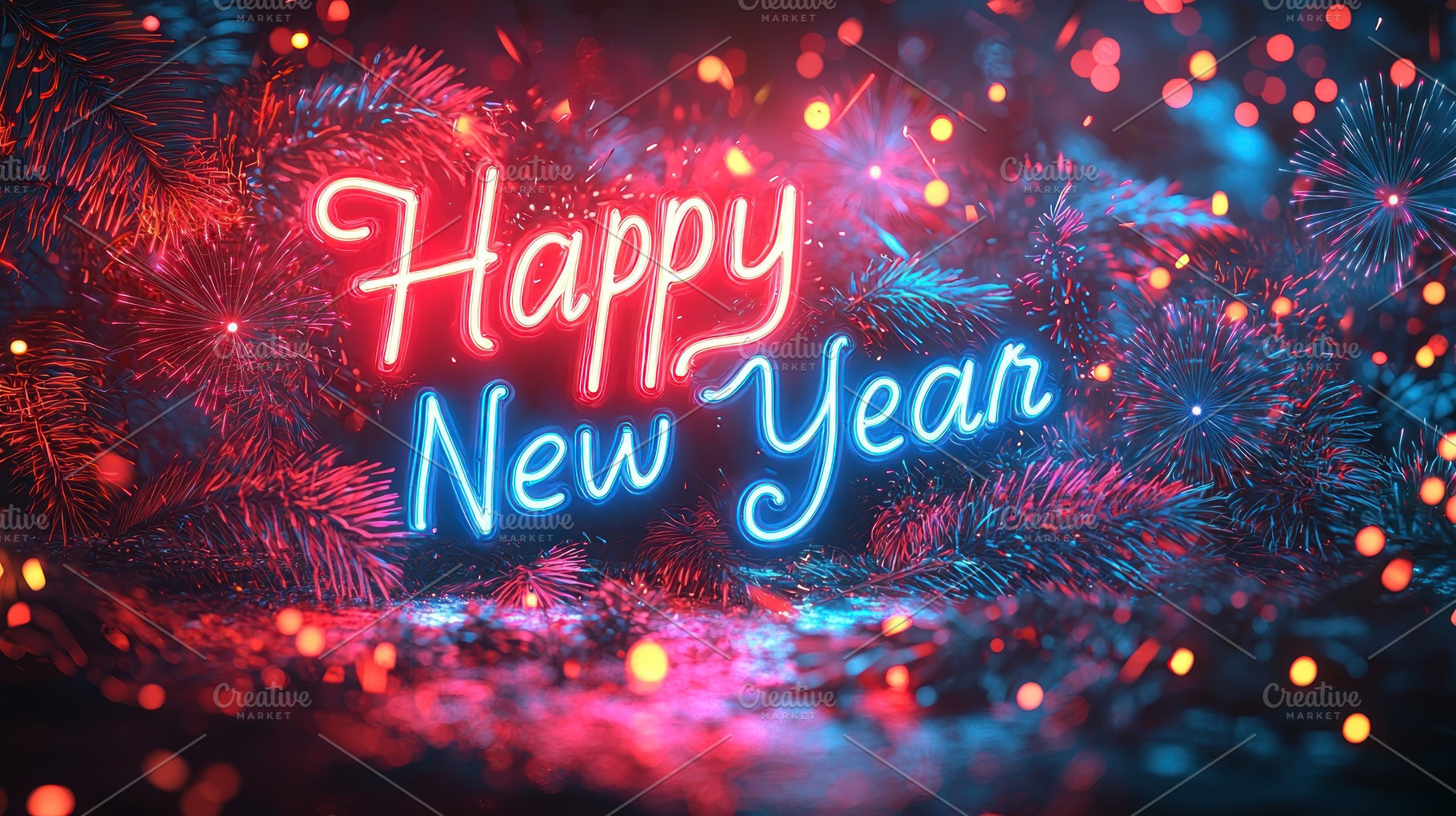 Happy new year neon sign in red and blue glowing lights with pin, a Background Photo by José Manuel Gelpi