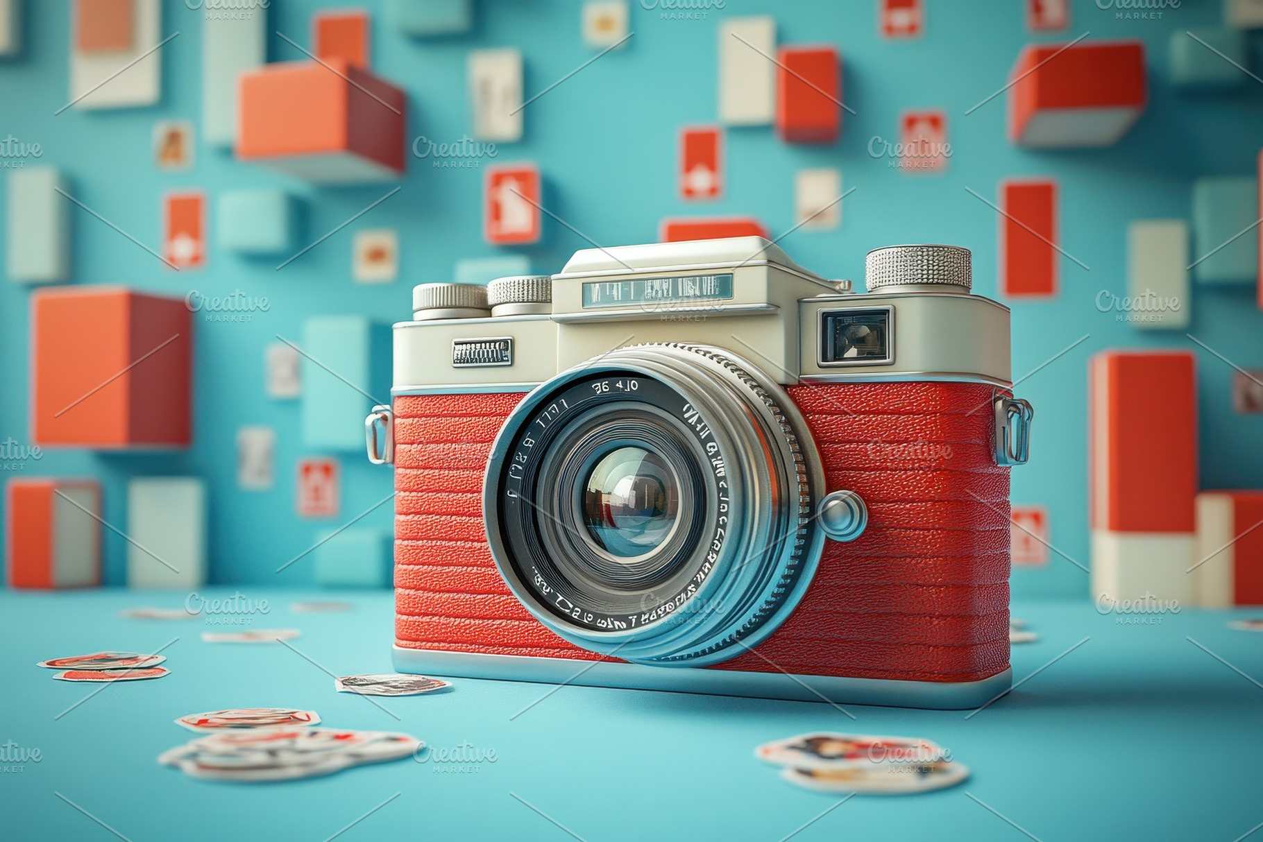 Vintage camera on a colorful backgro, a Photo by Tanuart