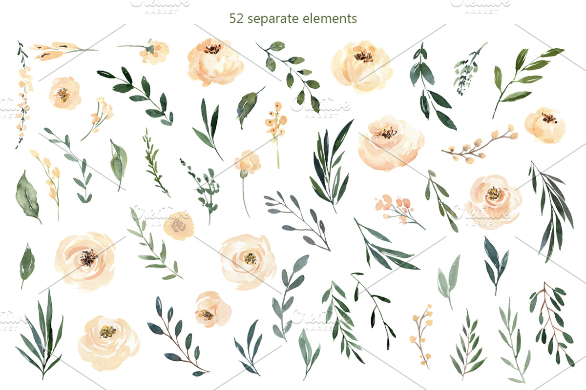 Watercolor Beige Flowers & Leaves, a Decorative Illustration by GraphicsDish (Photo 2 of 5)