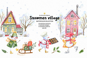 Snowmen Village Watercolor Clipart