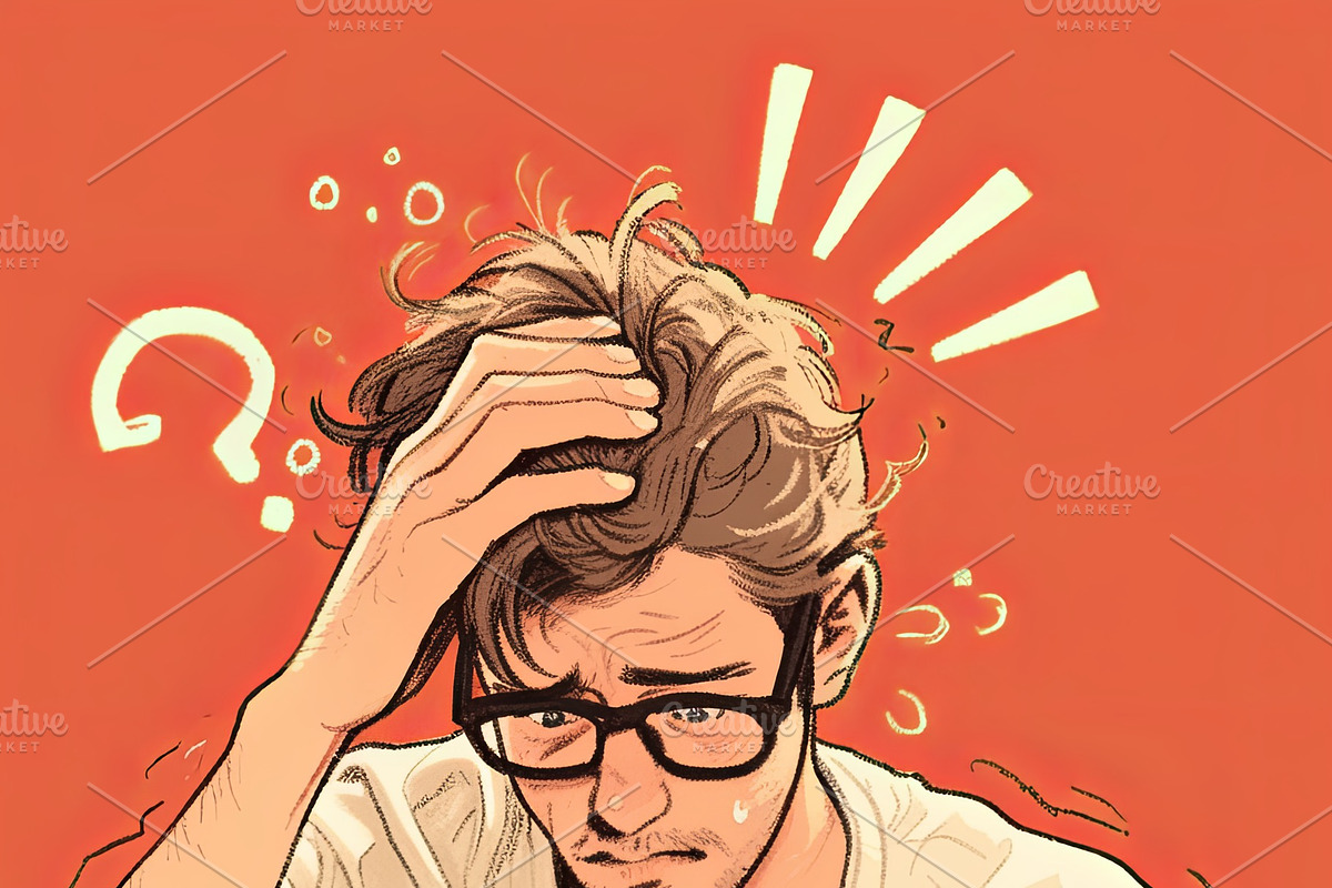Frustrated young professional at laptop confused and overwhelmed by challenges, an Illustration by AS photostudio