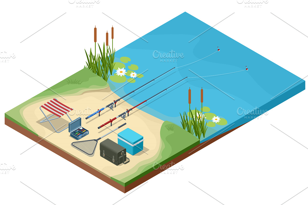 Isometric fishing by the lake, an Illustration by Golden Sikorka