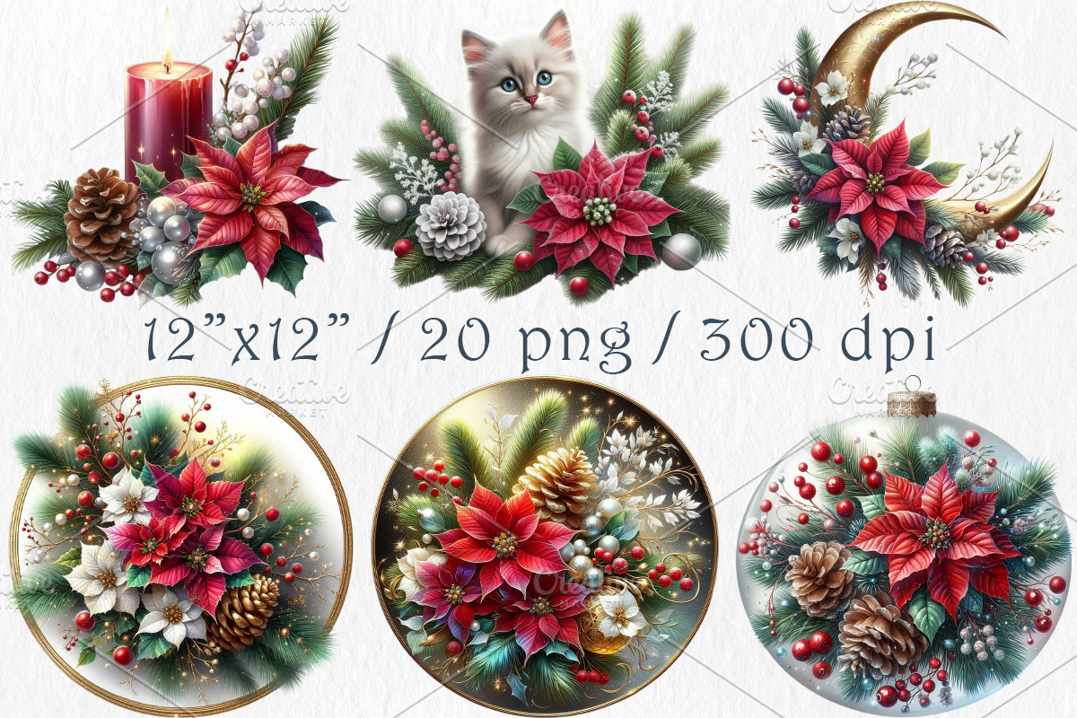 Christmas Poinsettia Clipart Set, a Seasonal Illustration by GalaDesign03 (Photo 2 of 6)