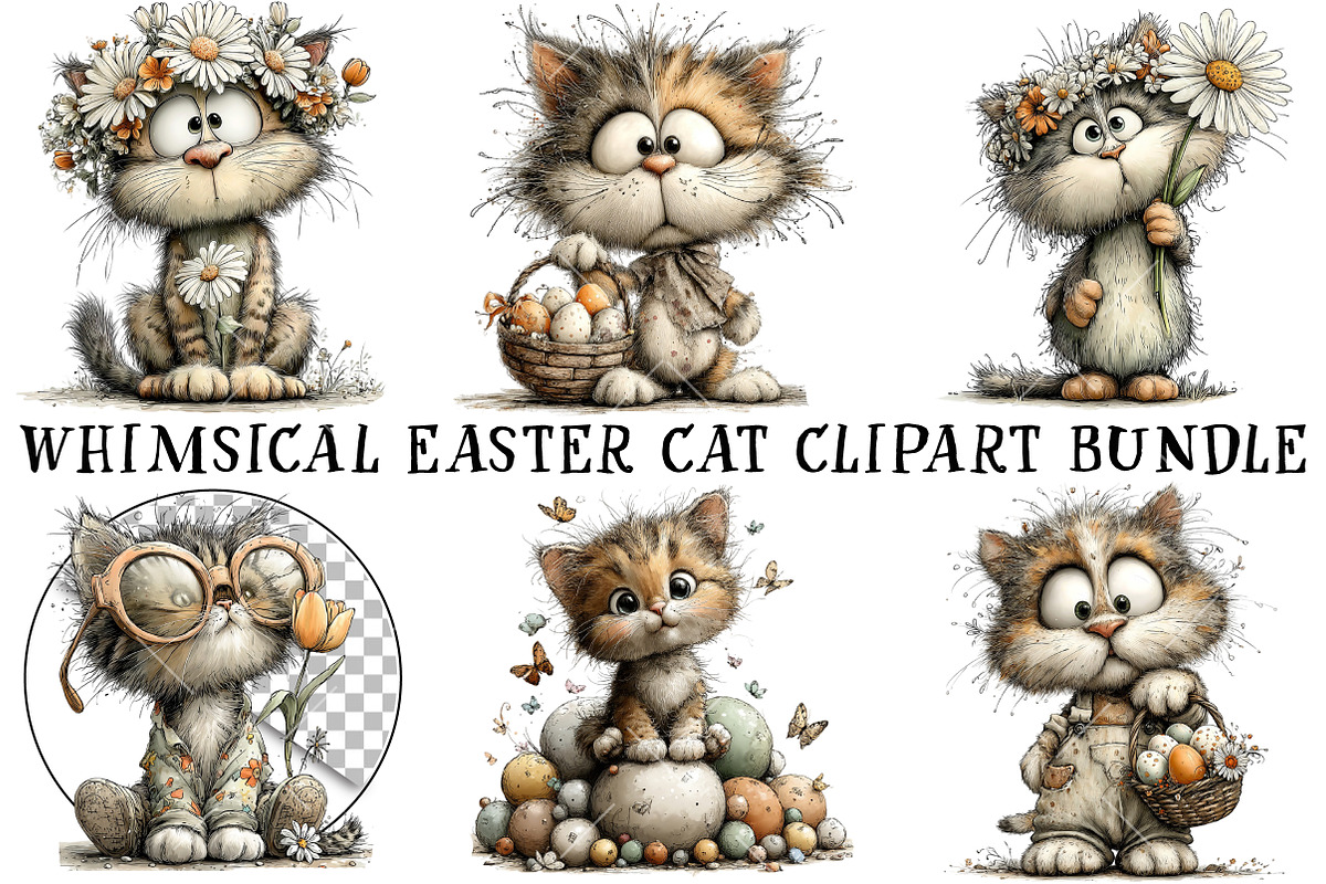 Whimsical Easter Cat Clipart Bundle, an Illustration by OK Design (Photo 2 of 6)