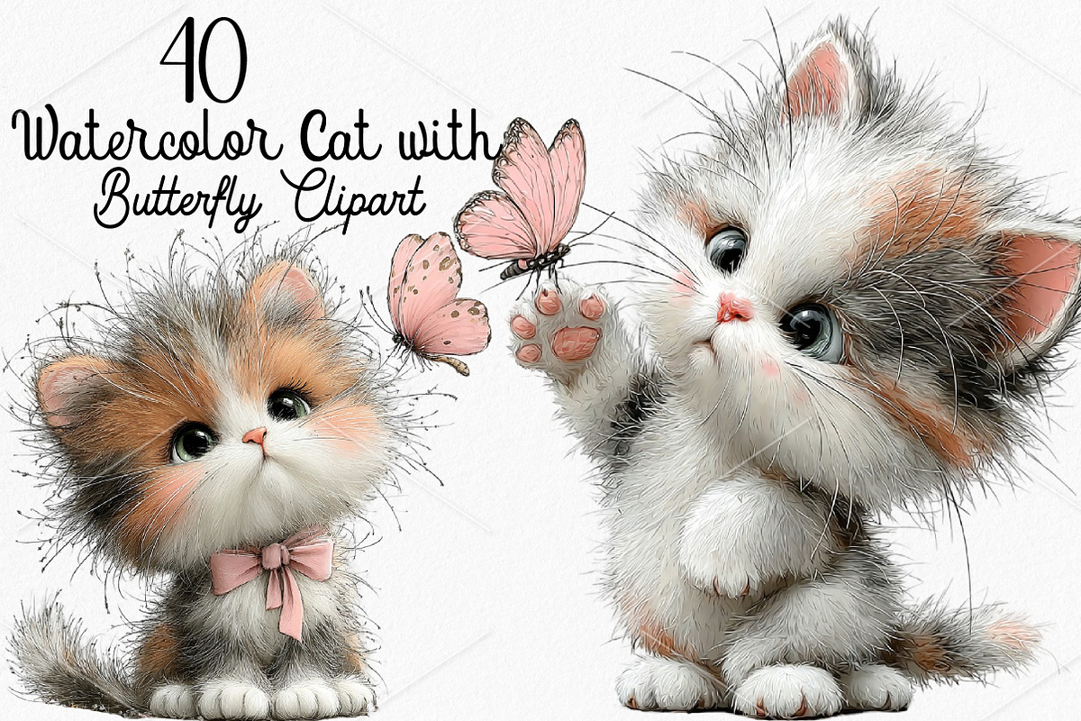 Watercolor Cat with Butterfly PNG, a Seasonal Illustration by Canvas Craft (Photo 1 of 6)
