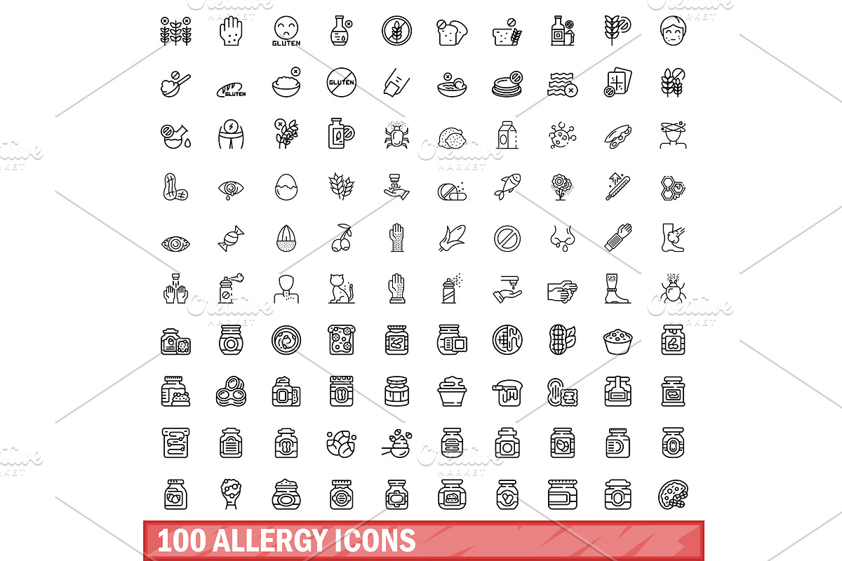 100 allergy icons set, outline style, an Object Illustration by Ylivdesign