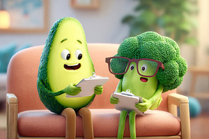 Avocado and broccoli characters engaged in lively discussion in a cozy interior, a Photo by AlyaAnd