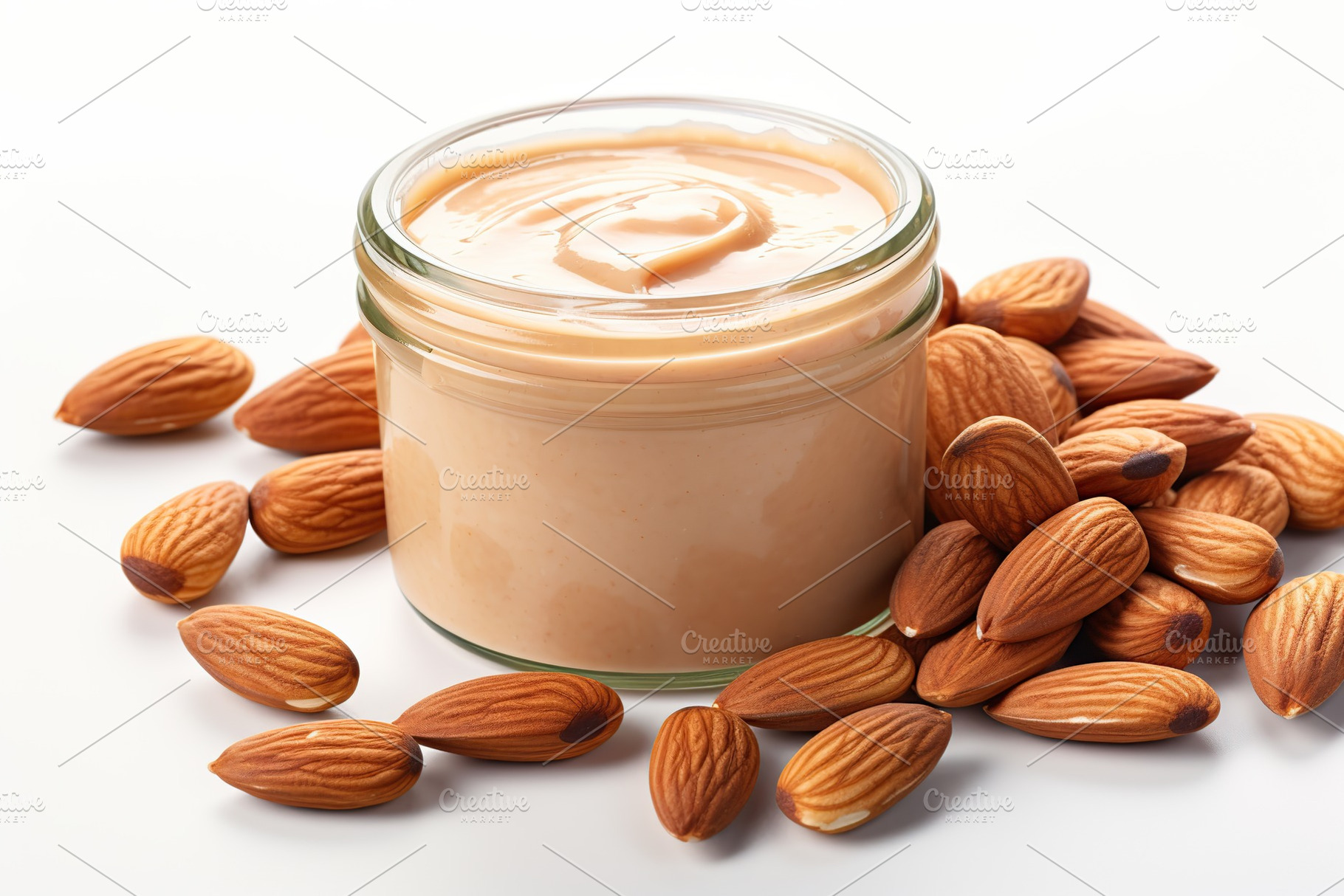 Glass jar of almond butter on white background, a Food & Drink Photo by AlyaAnd