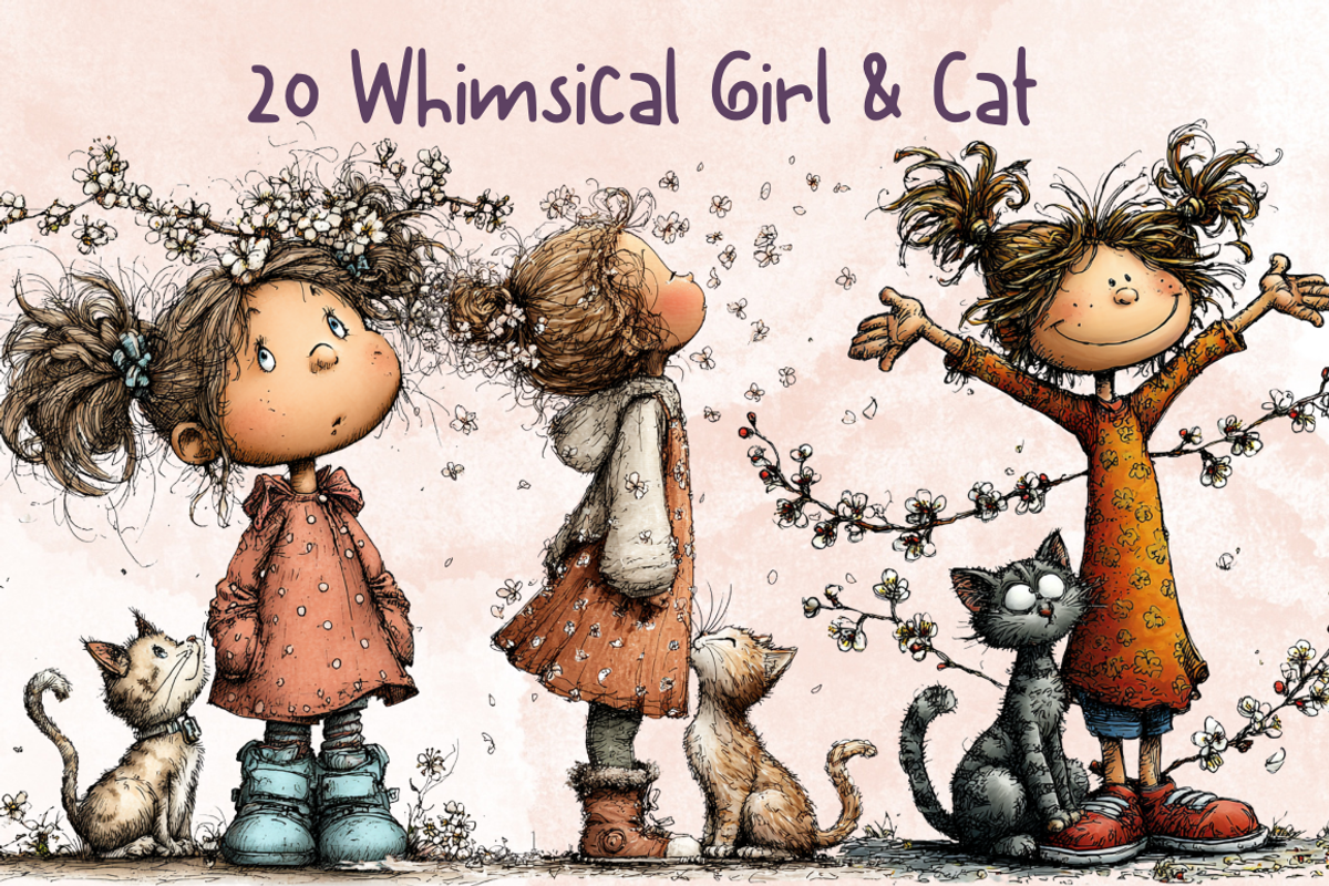 Whimsical Floral Girl & Kitten, an Animal Illustration by GiraffeCreative (Photo 1 of 20)