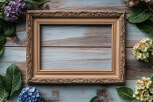 Flat lay photo of empty photo frame and spring flowers on wooden background, a Background Photo by AlyaAnd