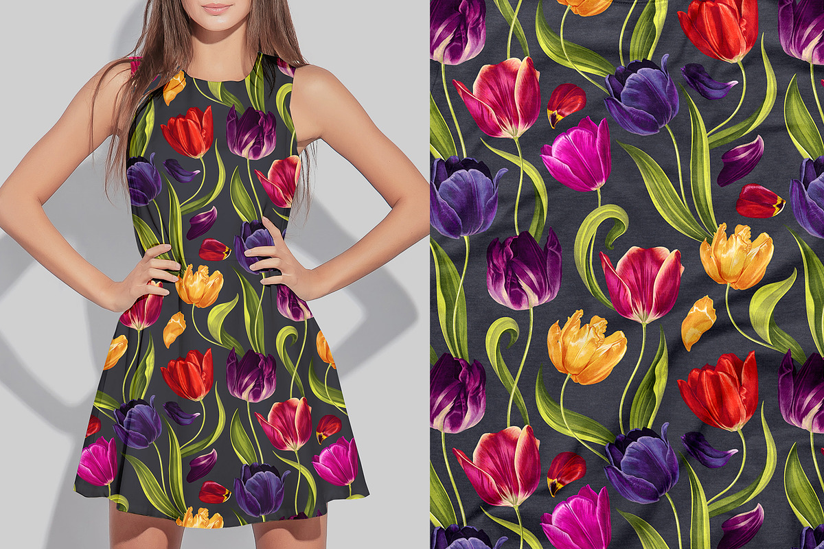 Multicolored Tulips Vector Pattern, a Pattern Graphic by MarynaPetrovska (Photo 9 of 13)