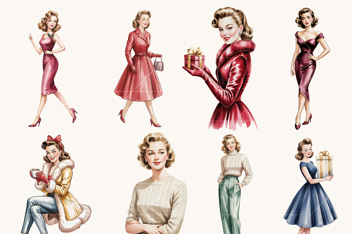 Retro Christmas Woman Clipart Bundle, a Person Illustration by BusyDaydesign (Photo 3 of 9)