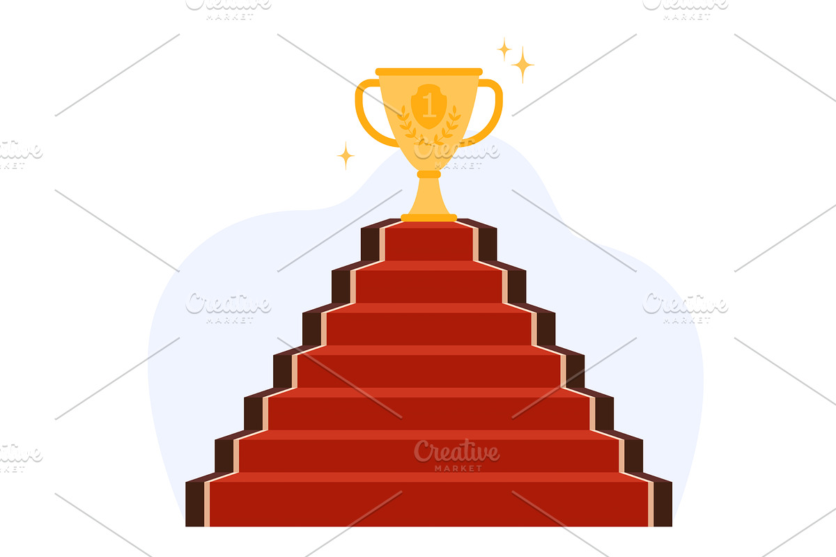 Golden Trophy on Red Carpeted Stairs, a Finance Illustration by Flashvector