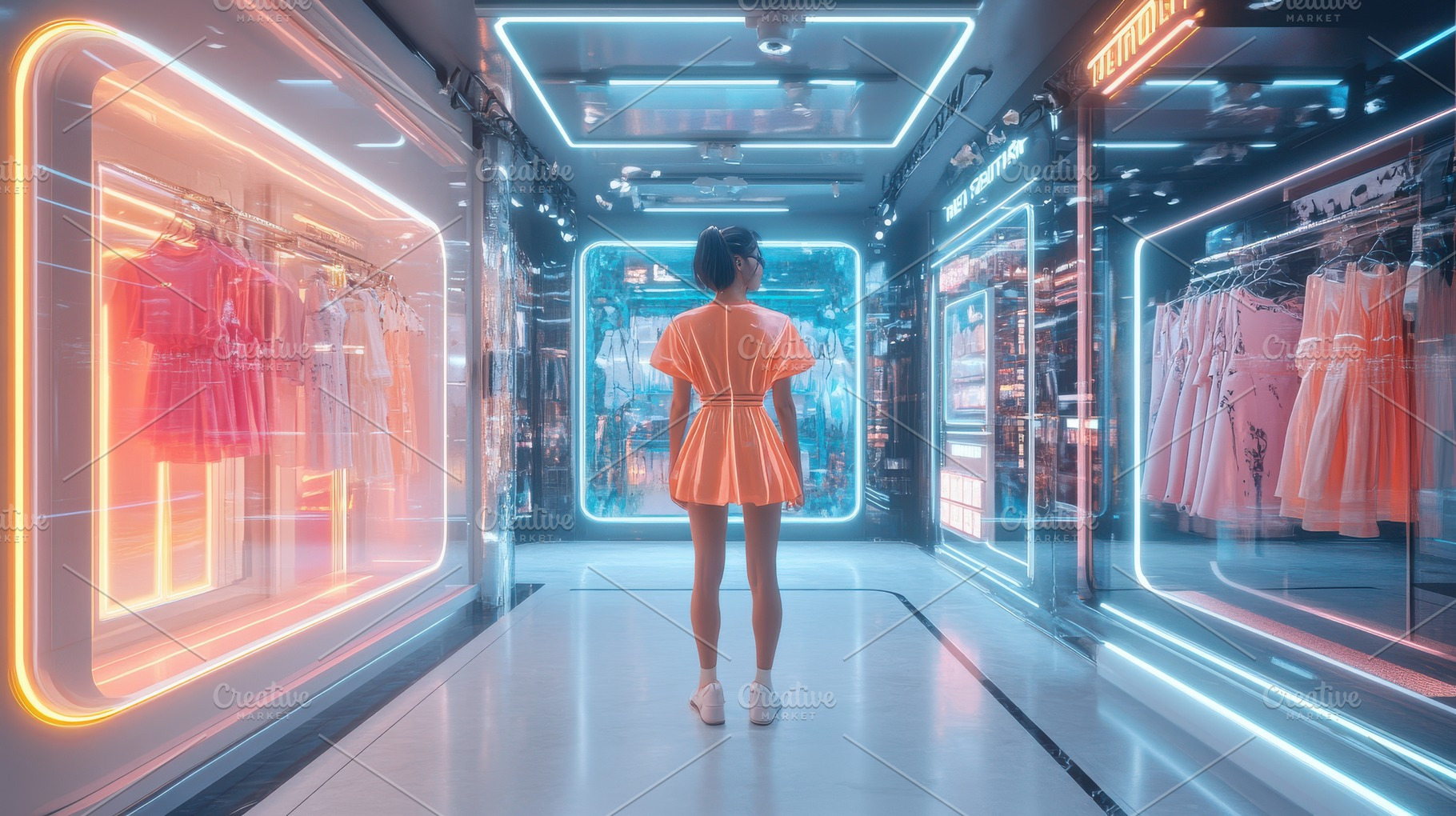 Woman in futuristic store.  Neon lig, a Background Photo by Pixeness Studio