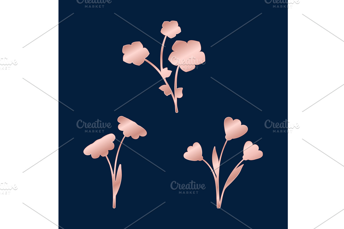 Rose golden floral elements trio on, an Illustration by okskukuruza