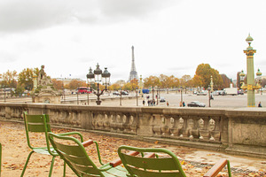 Green park chairs in Tuileries Garden with Eiffel Tower view, au, a Photo by Pictures for you!!!!!!!!!
