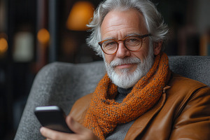 Elderly man with a beard in a cozy c, a Photo by Tanuart