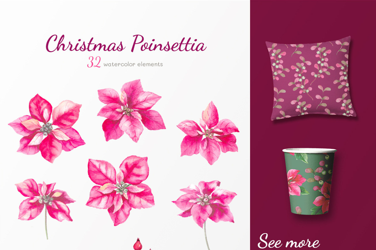 40% OFF. Christmas poinsettia SET, a Decorative Illustration by oKOLOstyle (Photo 3 of 7)