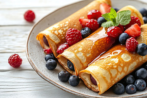 Delicious pancakes drizzled with sweet syrup and topped with fresh berries on a, a Food & Drink Photo by AlyaAnd