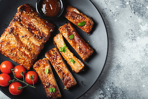 Closeup of pork ribs grilled with BBQ sauce and caramelized in honey., a Food & Drink Photo by Budarinphoto