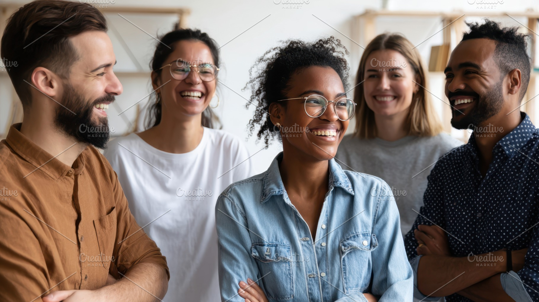 Diverse group of young adults laughing together, a Person Photo by AlyaAnd