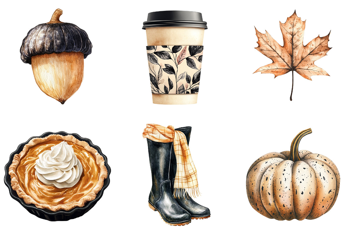 Beige & Black Autumn Clipart, an Illustration by Watercolor design (Photo 2 of 4)