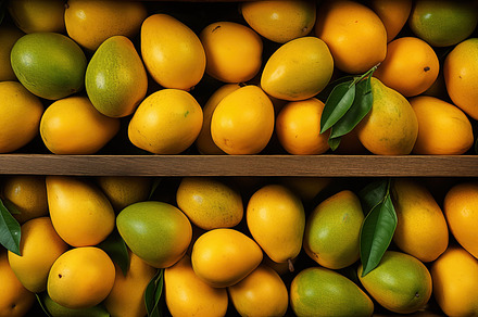 Wooden crate filled with ripe yellow and green mangoes, some with leaves attach, a Photo by Textures & Backgrounds