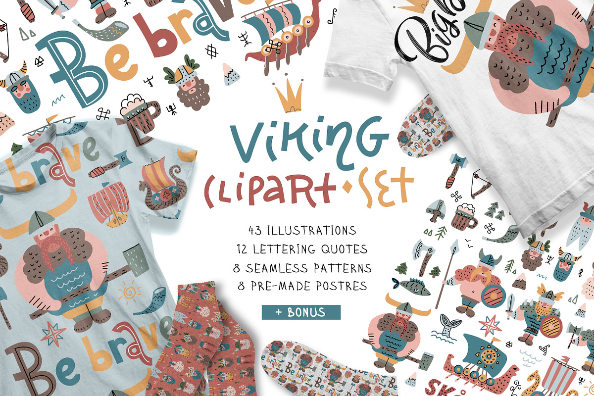 Cute childish vikings clipart set, an Illustration by Lana Sham (Photo 1 of 12)