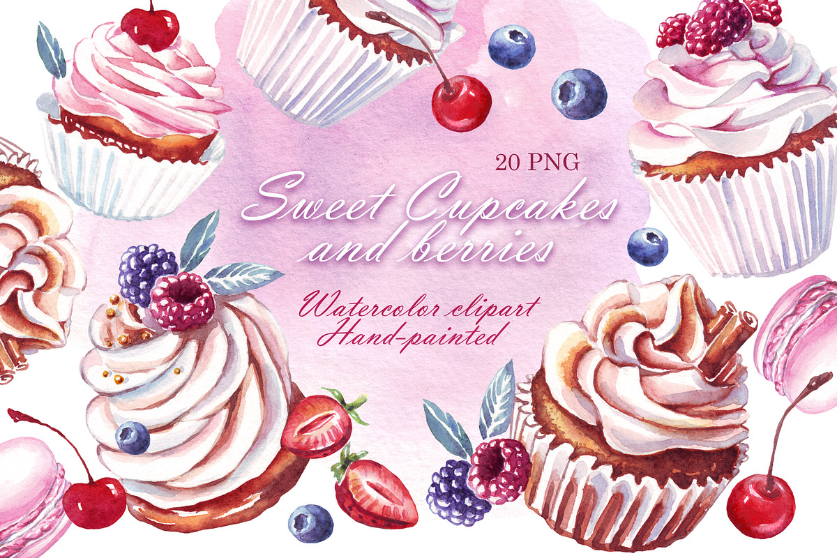 Watercolor cupcakes, berries, PNG, a Food Illustration by Alena Kurian (Photo 1 of 3)
