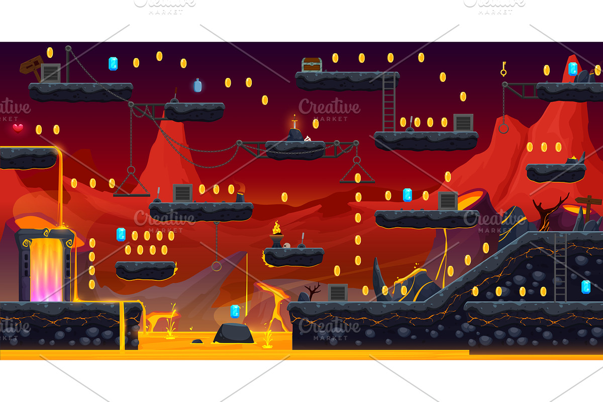 Arcade game volcano level map, a Seasonal Illustration by Vector Tradition