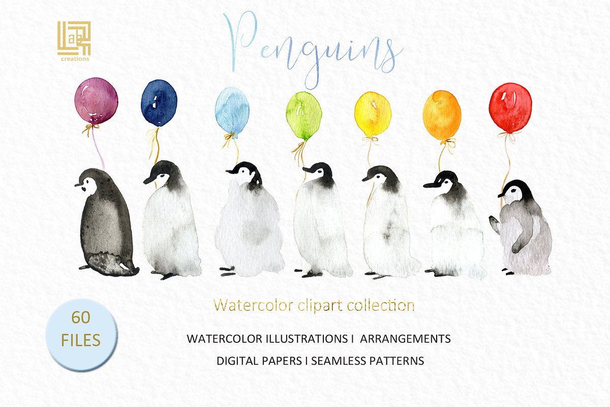 Winter Penguins. Watercolor clipart, an Animal Illustration by LABFcreations (Photo 3 of 8)