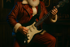 Santa Claus rocking electric guitar wearing sunglasses in bar, a Holiday Photo by GoodGoods