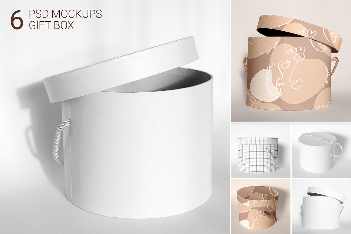 6 Mockups, Round Gift Box, a Packaging Mockup by bazarova (Photo 1 of 10)