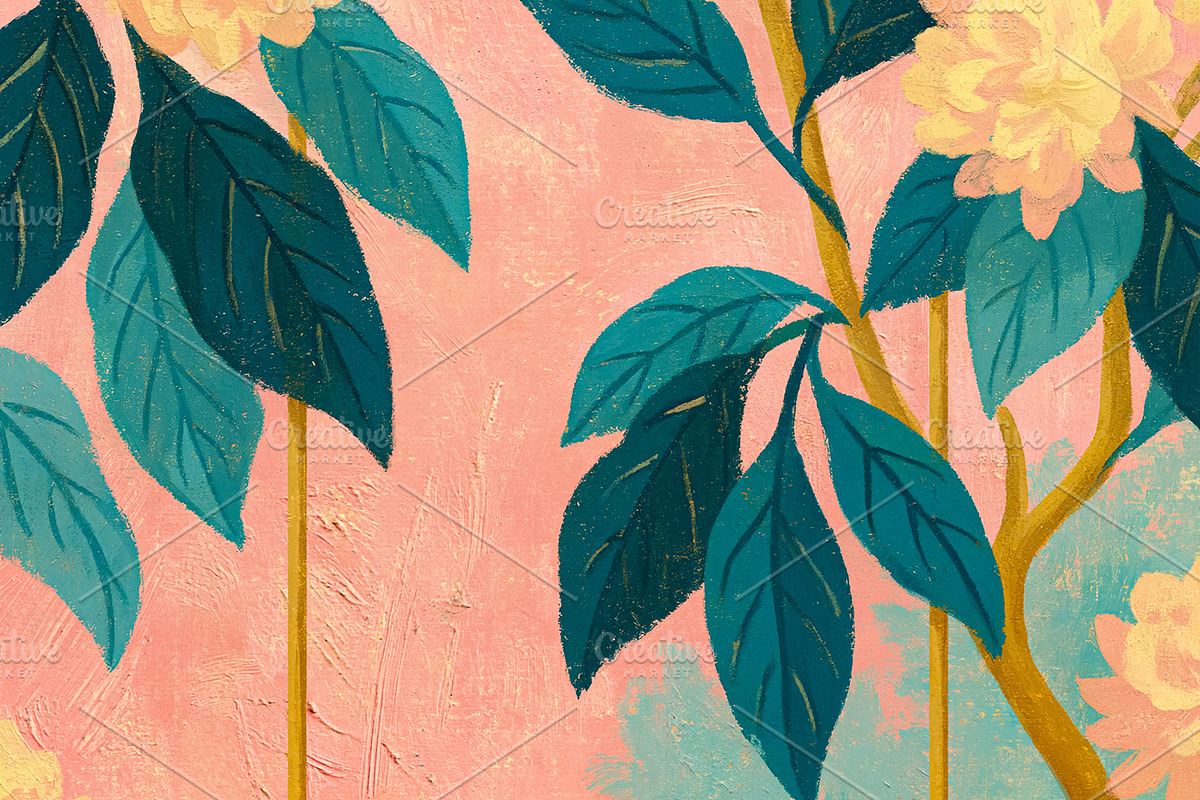 Yellow birds sitting on a branch surrounded by lush leaves and p, a Decorative Illustration by Studio ANNA