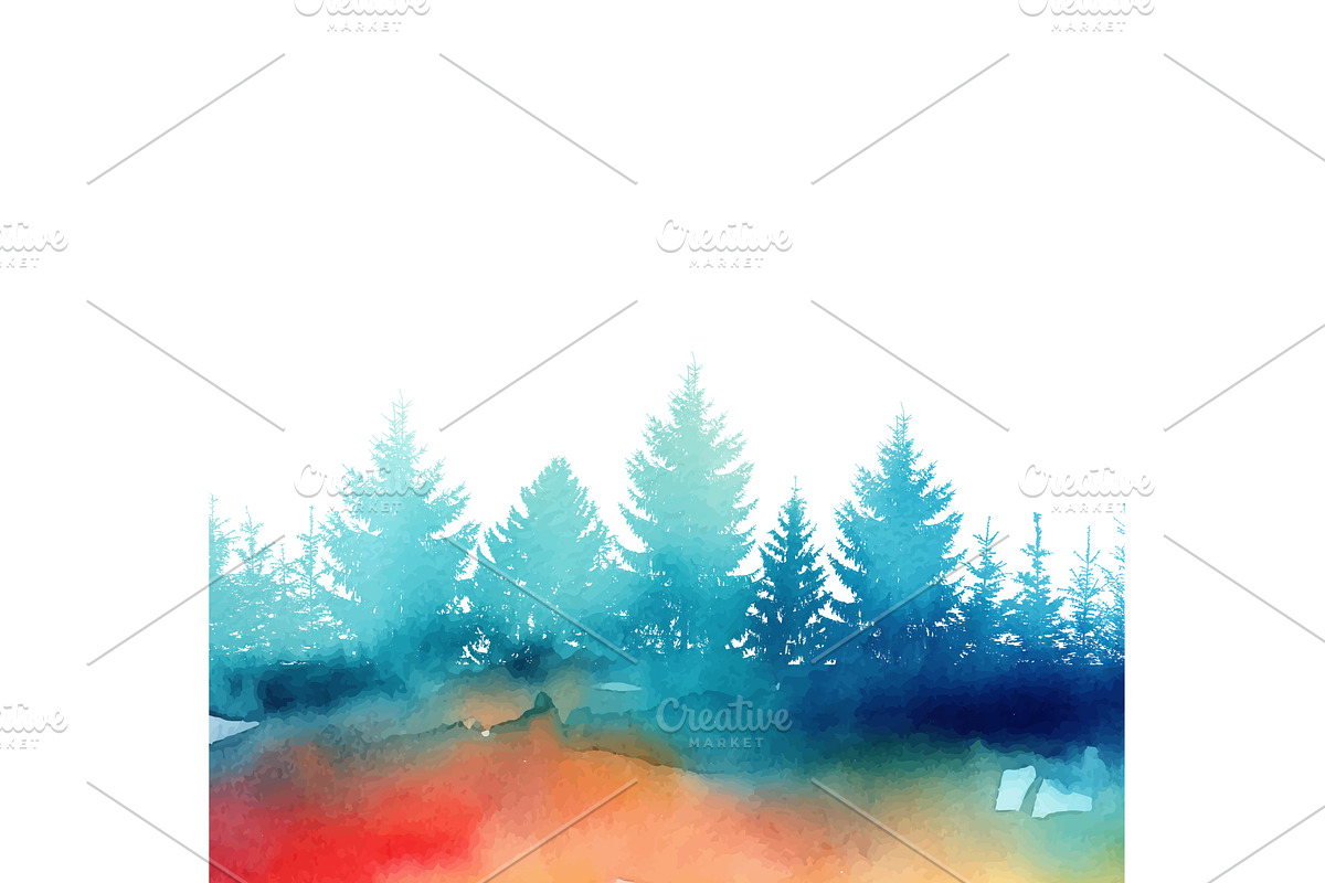 Watercolor Christmas trees at sunset, an Illustration by Nenahliadava Design