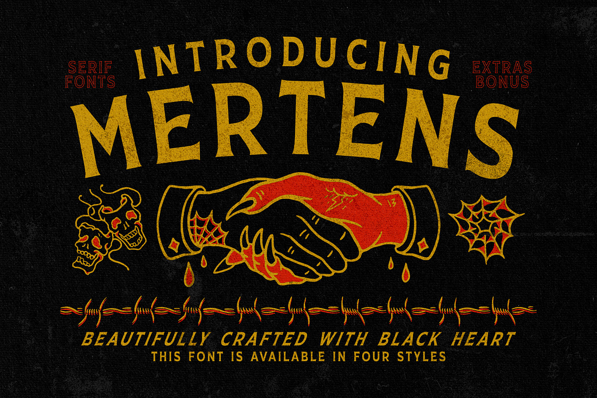 Mertens + Traditional Tattoo Extras, a Serif Font by goodsbyfloyd (Photo 1 of 12)