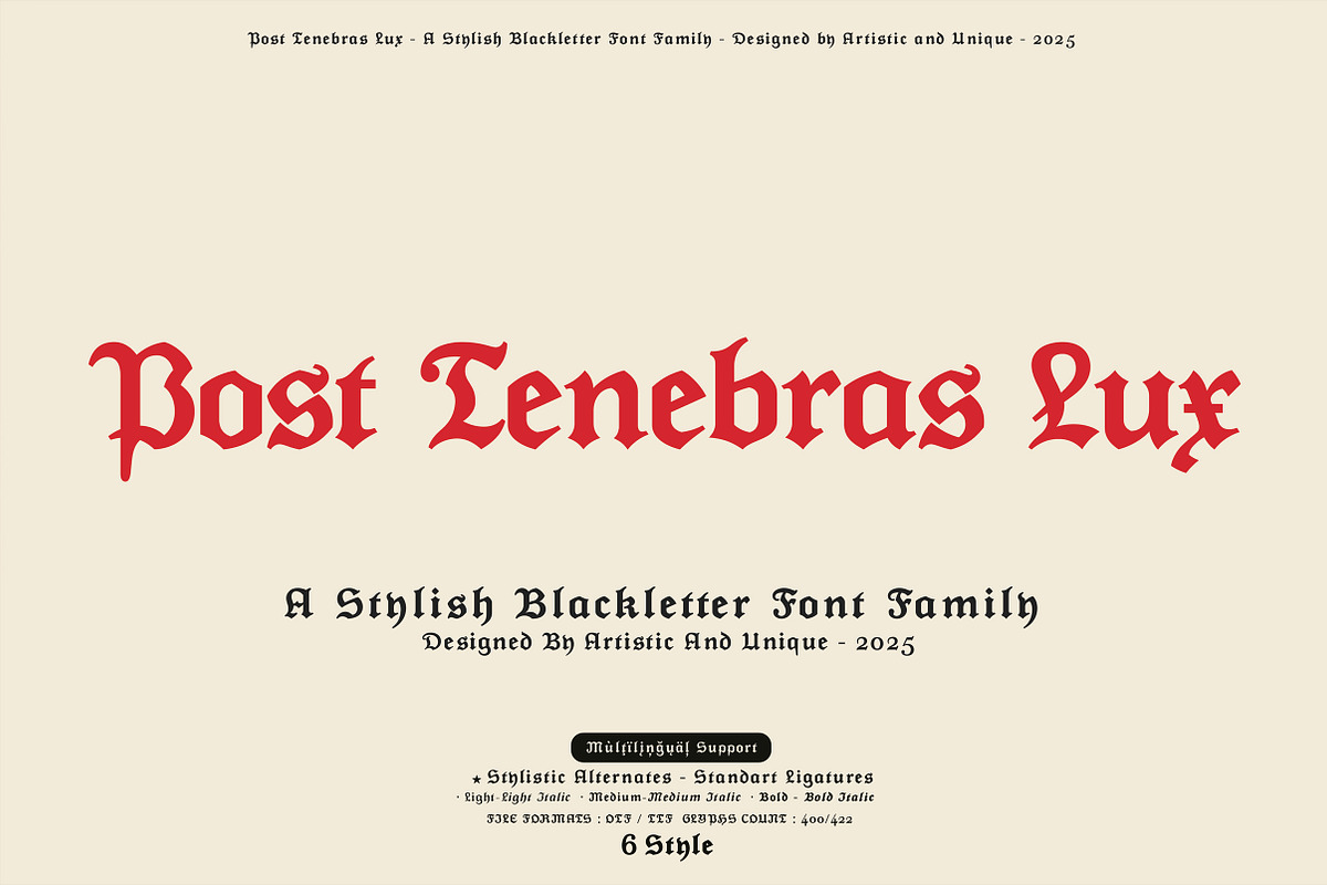 Post Tenebras Lux - Blackletter font, a Blackletter Font by Artistic & Unique (Photo 1 of 16)