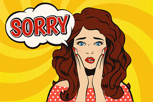 Woman with Sorry in speech bubble