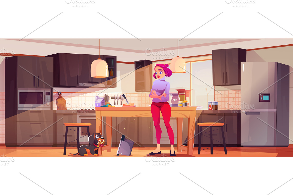 Cartoon woman in kitchen and dog, an Object Illustration by art PVP - market