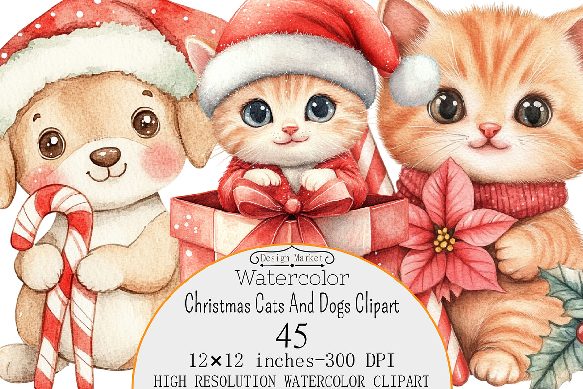 Christmas Cats And Dogs Clipart, a Seasonal Illustration by Design Market (Photo 1 of 3)