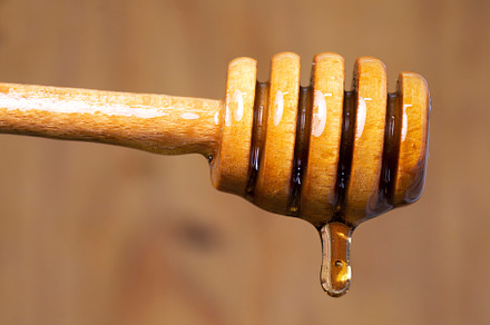 honey dipper close up with the organic product flowing
