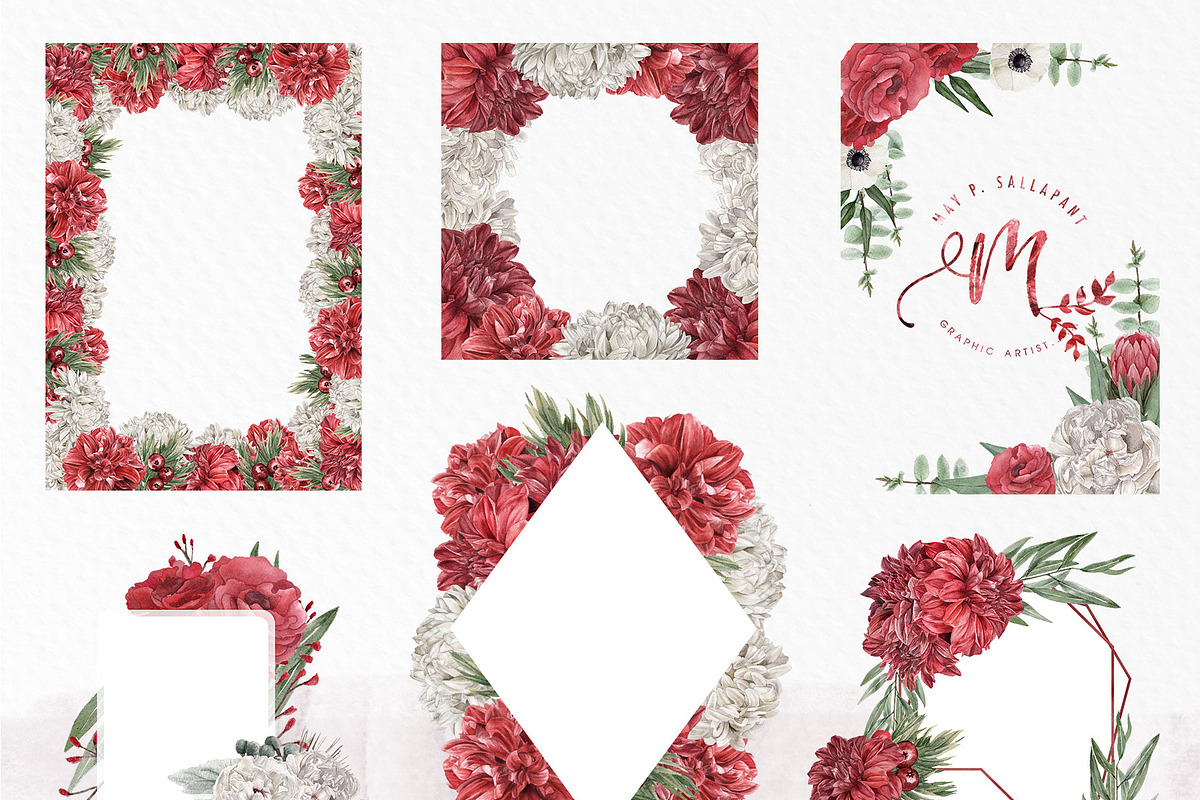 Red Burgundy & White Floral Clipart, an Illustration by May • SHO (Photo 6 of 13)