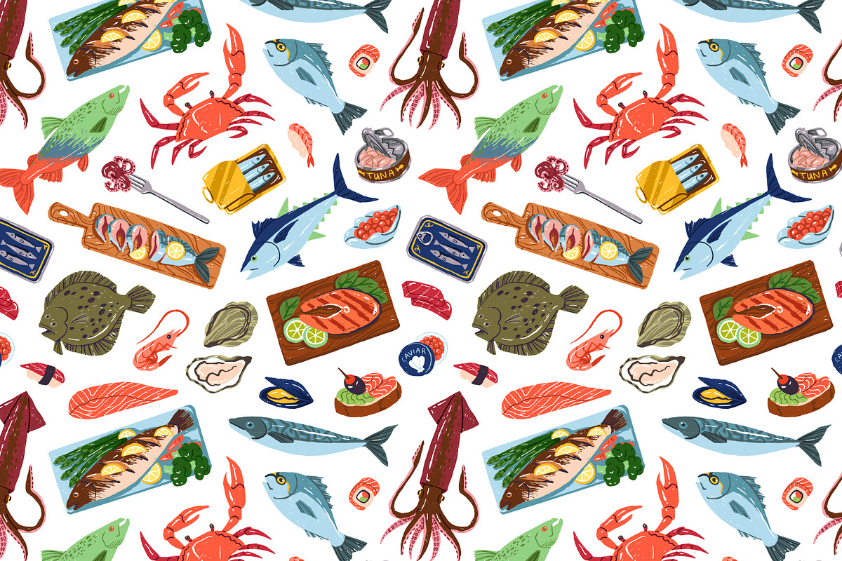 Seafood, fish set + seamless pattern, a Food Illustration by PaperTrident (Photo 2 of 3)