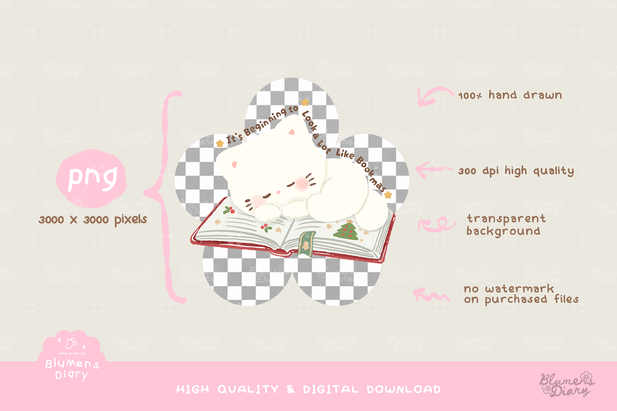 Bookish Christmas White Cat Clipart, an Animal Illustration by Blumensdiary (Photo 3 of 6)