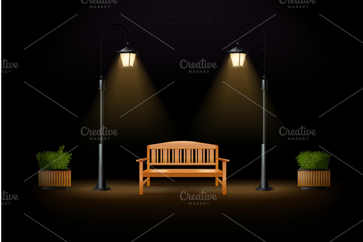 Night street bench. Realistic wooden, an Illustration by Stock-Smart-Start