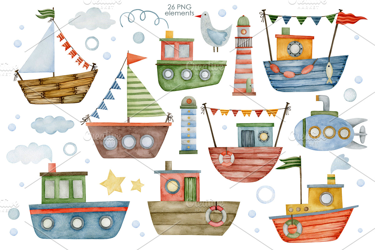 Watercolor Boat seamless patterns., a Decorative Illustration by Kira Konoshenko (Photo 2 of 16)