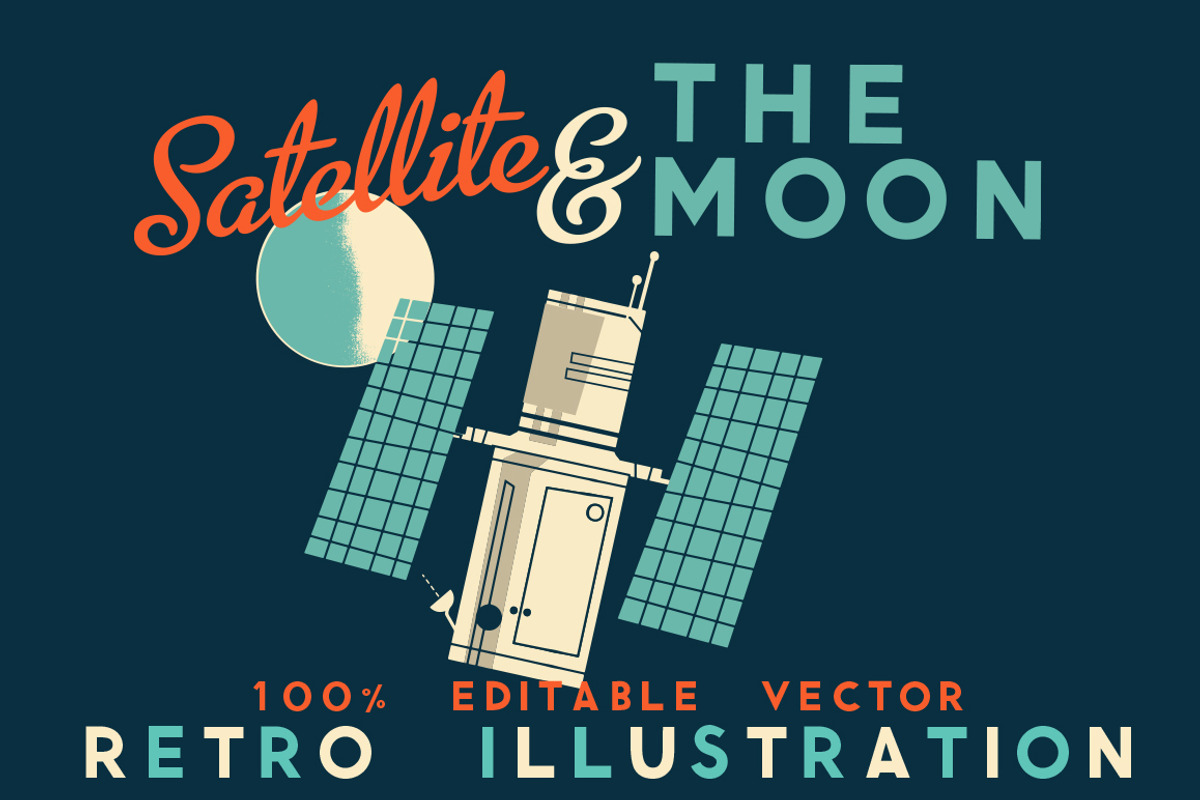 Satellite & The Moon Retro Vector, an Illustration by Ryder Doty